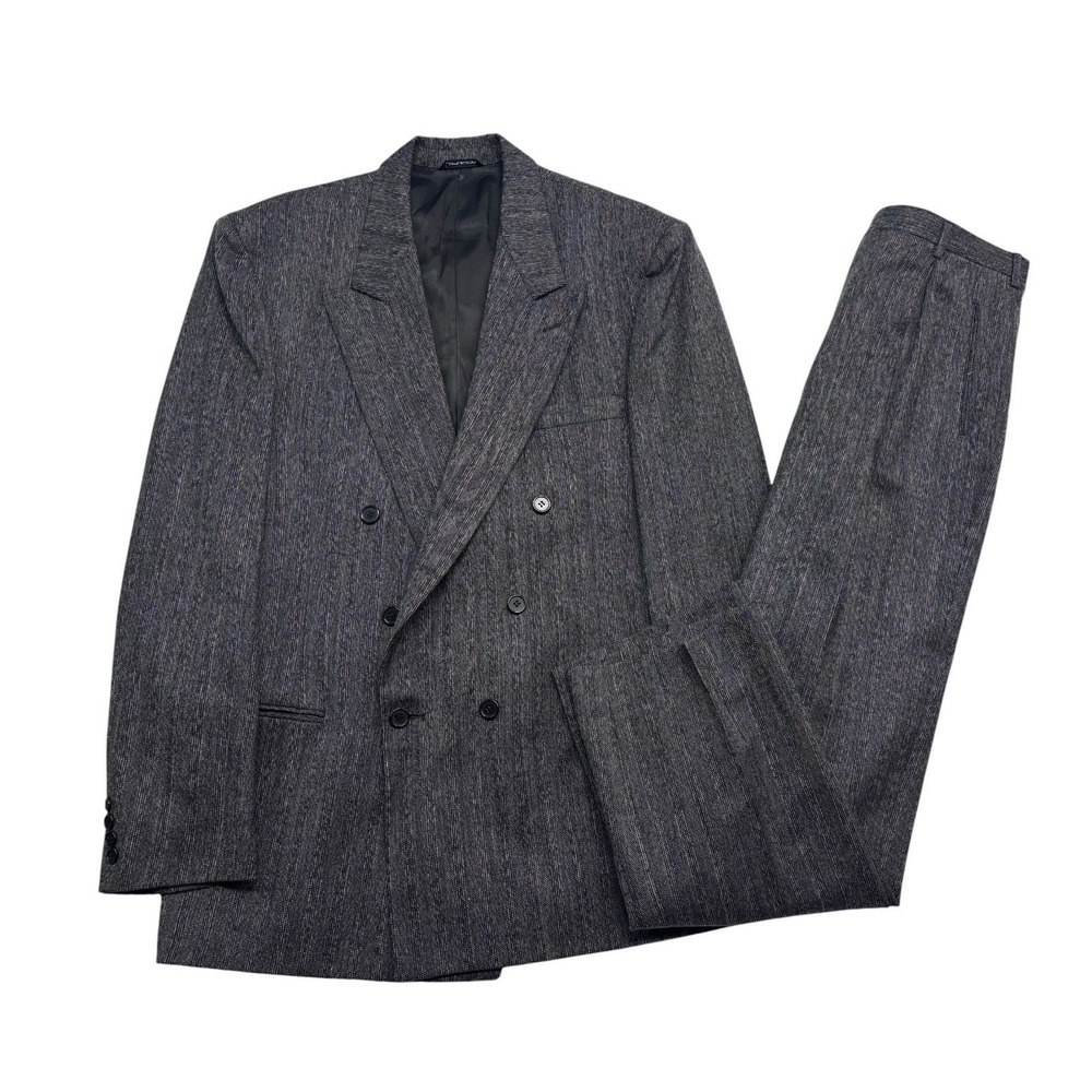 vtg 80s 90s Gray Black Stripe 40L 32x32 Double Breasted 2pc Pant Suit 100% Wool